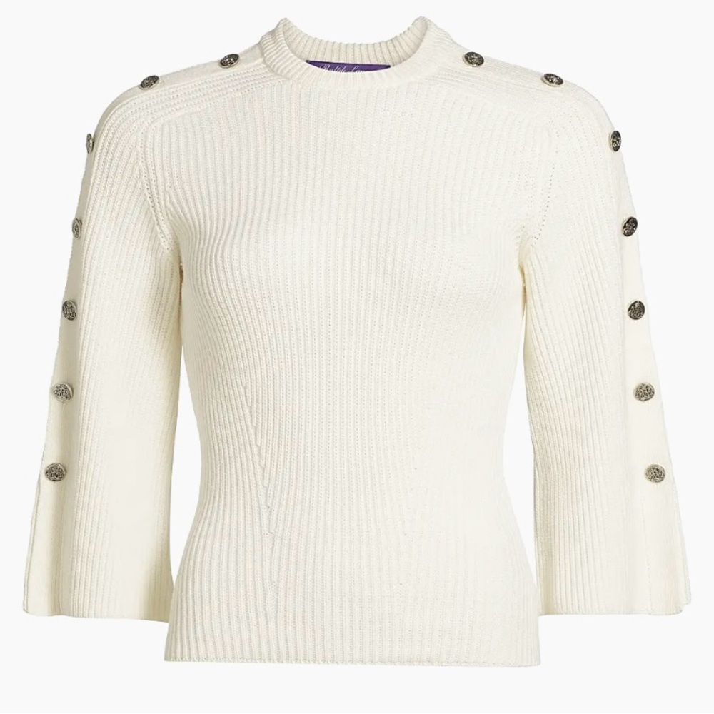 Ralph Lauren Purple Label Collection  Buttoned Wool-Silk Sweater cream Size L.